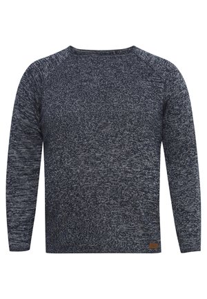 Navy blue long-sleeve sweater with a textured knit pattern, rounded neckline, and ribbed cuffs; features a small brown leather label at the bottom.