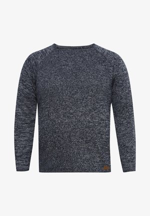 Navy blue long-sleeve sweater with a textured knit pattern, rounded neckline, and ribbed cuffs; features a small brown leather label at the bottom.