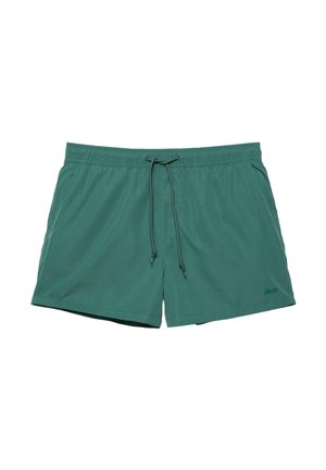 Shorts de baie verzi pentru bărbați cu talie ajustabilă prin șnur și buzunare laterale, având un logo mic pe piciorul stâng inferior.
