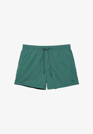 Grüne Herren-Badeshorts mit verstellbarem Kordelzug in der Taille und Seitentaschen, mit kleinem Logo am unteren linken Bein.