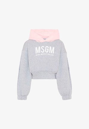 Felpa grigia corta con maniche lunghe a sbuffo, cappuccio rosa chiaro e scritta "MSGM Milano University Since 2009" stampata in bianco sul davanti.