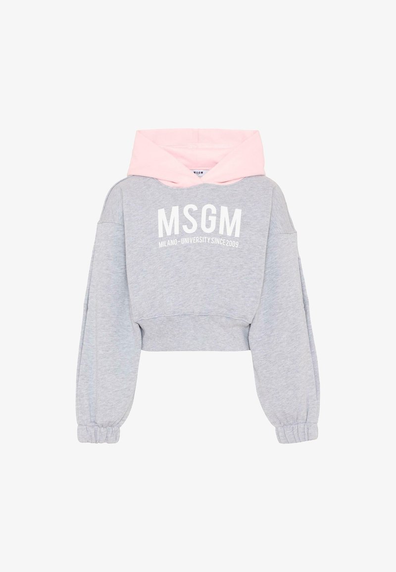 Sudadera gris recortada con mangas largas abullonadas, capucha rosa claro y texto "MSGM Milano University Since 2009" impreso en blanco en el frente.