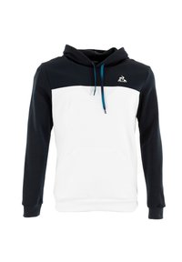 Felpa con cappuccio in blu navy e bianco, caratterizzata da una tasca a marsupio frontale, dettagli a contrasto e cordini blu sul cappuccio.