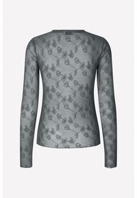 Langärmliges, transparents graues Oberteil mit einem durchgängigen floralen Stickmuster. Rundhalsausschnitt mit glatter Textur und taillierter Passform.