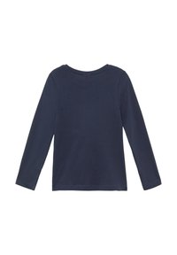 Navyblauwe, langemouwhemd met een ronde hals, van achteren getoond op een witte achtergrond.