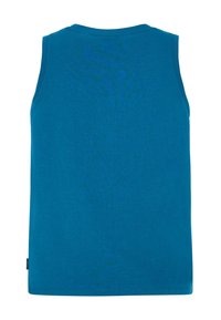 Débardeur bleu sans manches avec encolure ronde, ourlet droit et petite étiquette noire sur le côté inférieur gauche.