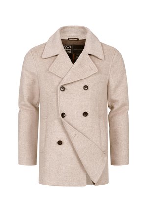 Ljus beige ullblandning peacoat med dubbelknäppt design, stora slag och mörka knappar. Slät textur med sidofickor.