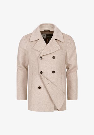 Lichtbeige wollen blend peacoat met een dubbelbreasted ontwerp, grote revers en donkere knopen. Soepele textuur met zijzakken.