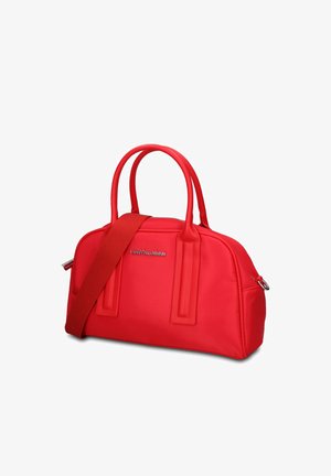 Borsa rossa con due manici arrotondati, tracolla staccabile e piccolo logo argentato sul davanti.