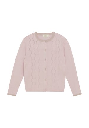 Helles pinkes Cardigan aus weichem Strickstoff, mit Knopfleiste, langen Ärmeln und einem strukturierten Muster mit kontrastierendem geripptem Kragen.