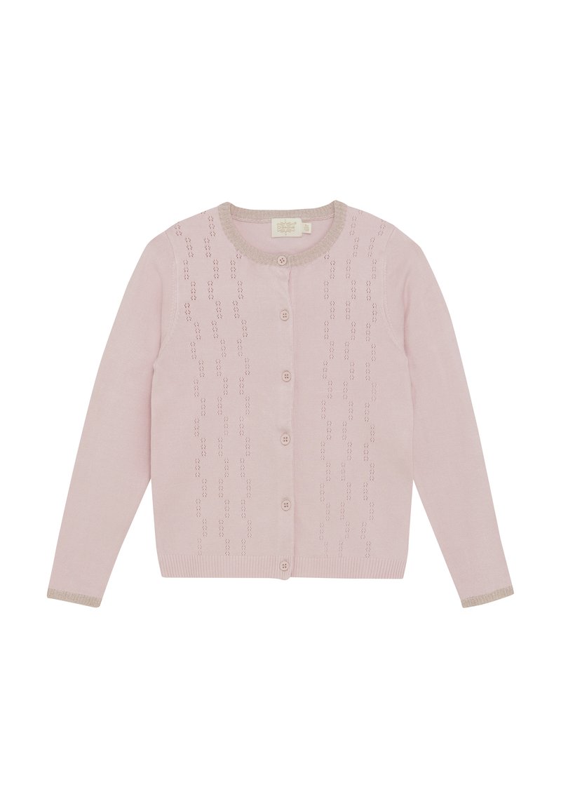 Ljusrosa kofta gjord av mjukt stickat tyg, med knappstängning, långa ärmar och ett texturerat mönster med kontrasterande ribbad halsringning.