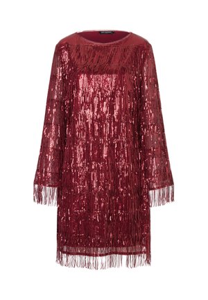 Rotes, langärmeliges Minikleid mit glänzenden Pailletten und Fransen an Ärmeln und Saum, Rundhalsausschnitt und geradem Schnitt.