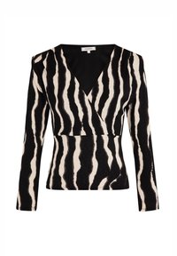 Zwart en crèmekleurig langslijf wrap-top met een zebrapatroon, diepe V-hals en een zachte stofstructuur.
