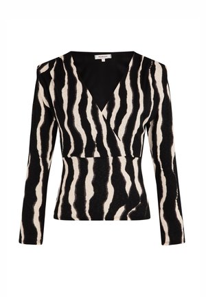 Top avvolgente a maniche lunghe in bianco e nero con motivo a strisce zebrate, scollatura a V profonda e tessuto morbido.