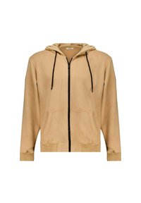 Hoodie beige à fermeture éclair en tissu doux, avec une poche avant, des cordons noirs et des poignets côtelés. Design simple et décontracté.