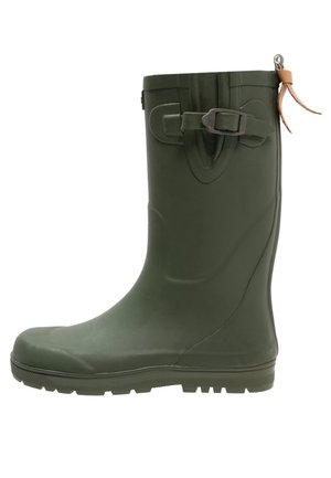 Botte en caoutchouc vert foncé mi-mollet avec boucle latérale réglable et languette en cuir marron sur fond blanc.