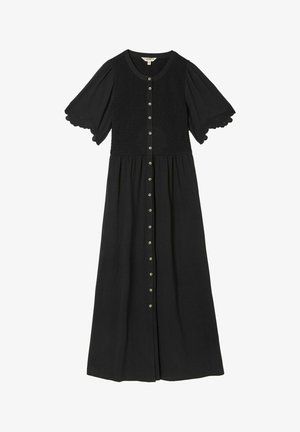 Schwarzes Maxikleid mit kurzen Puffärmeln, gerafftem Oberteil und einer Knopfleiste mit metallischen Knöpfen. Weicher Stoff mit fließendem Rock.