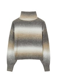 Grobstrick-Turtleneck-Pullover mit einem Farbverlauf in Grau, Braun und Creme, mit gerippten Bündchen und Saum. Weiche Textur.