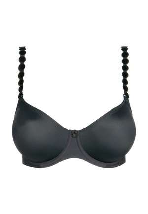 Soutien-gorge noir avec armatures, bonnets moulés lisses et bretelles rondes décoratives texturées.