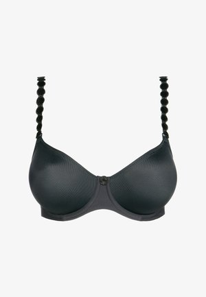 Soutien-gorge noir avec armatures, bonnets moulés lisses et bretelles rondes décoratives texturées.