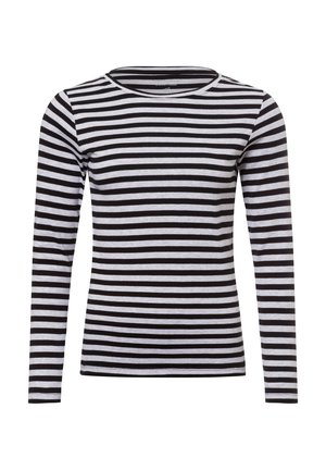 Langarmshirt aus weichem Stoff, mit abwechselnd schwarzen und weißen horizontalen Streifen und einem runden Halsausschnitt.