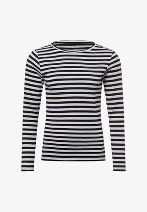 Langarmshirt aus weichem Stoff, mit abwechselnd schwarzen und weißen horizontalen Streifen und einem runden Halsausschnitt.