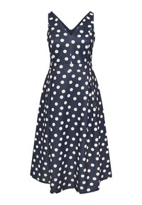 Vestido azul marino con lunares blancos, escote en V, diseño sin mangas, cintura ajustada y falda acampanada. Tejido suave con un sutil brillo.