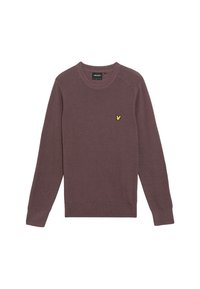 Gebreide trui in gedempt mauve, met een ronde halslijn en geribde accenten bij de kraag en manchetten. Klein geel logo op de linkerborst.