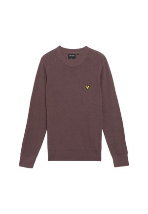 Pulover tricotat într-un mov pal, având un guler rotund și accente cu riburi la guler și manșete. Logo mic galben pe pieptul stâng.