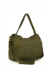 Borsa a spalla verde in pelle con finitura testurizzata, parte superiore curva, doppio manico e tracolla regolabile. Presenta dettagli in hardware color oro.