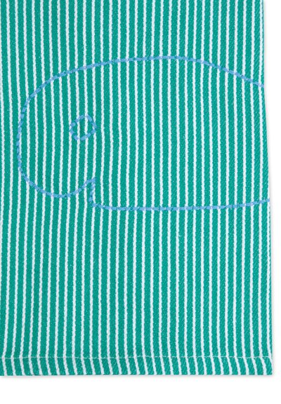 Cotton fabric featuring green and white stripes with blue embroidered outline of a face. Smooth texture; subtle sheen.