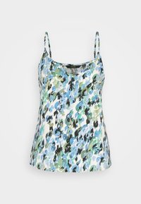 Top floreale senza maniche con spalline regolabili, caratterizzato da un motivo di macchie d'acquarello blu e verde su uno sfondo bianco.