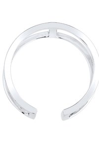 Pulsera de mano de plata con un diseño minimalista, que presenta un acabado suave y pulido, y una forma abierta para facilitar su uso.