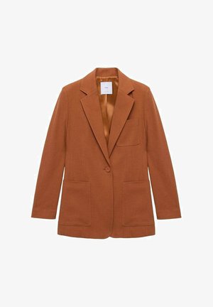 Rostfärgad blazer med snedkrage, en knappstängning, två framfickor och ett mjukt sidentyg som innerfoder.