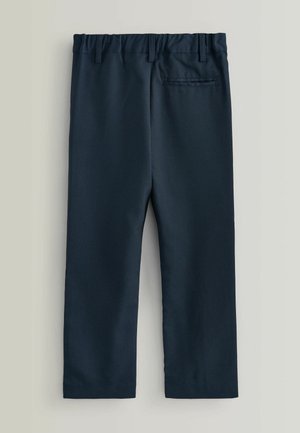 Tmavomodré nohavice s hladkou textúrou, elastickým pásom a rovnými nohavicami. Majú jednu zadnú kapsu so záklopkou.