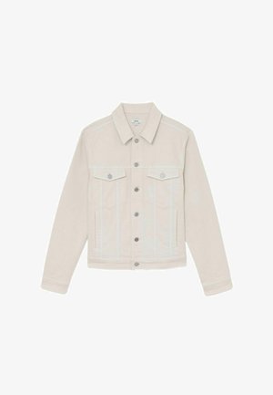 Beige Jeansjacke zum Knöpfen mit zwei Brustklappentaschen und seitlichen Einschubtaschen, langen Ärmeln und klassischem Kragen.