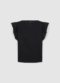 Haut noir à manches courtes avec un col rond, présentant une texture subtile et un motif ajouré, tissu léger et bords des manches froncés.