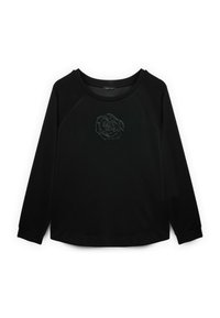 Czarna bluza z długimi rękawami raglanowymi, okrągłym dekoltem oraz fakturowanym, czarnym kwiatowym wzorem na środku przodu. Gładka tkanina.