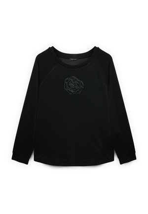 Czarna bluza z długimi rękawami raglanowymi, okrągłym dekoltem oraz fakturowanym, czarnym kwiatowym wzorem na środku przodu. Gładka tkanina.