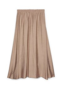 Gonna in satin marrone con vita elastica arricciata, texture liscia e forma ad A fluida, con taglio al ginocchio e leggero splendore.