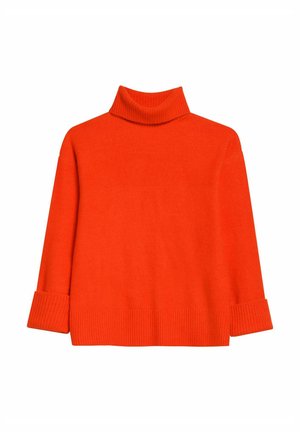 Pomarańczowy sweter z golfem, z prążkowanym kołnierzem i mankietami, o pudełkowym kształcie i miękkiej teksturze. Idealny do warstwowego noszenia i na chłodniejsze dni.