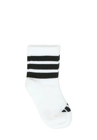 Calcetín blanco de tipo crew con tres franjas negras en la parte superior y un pequeño logo negro en el lateral. Material de mezcla de algodón con una textura suave.