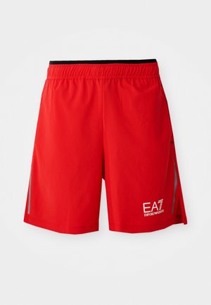Røde atletiske shorts med sort elastisk talje, sideventiler, refleksdetaljer og hvid EA7 Emporio Armani-logo på den højre forben.