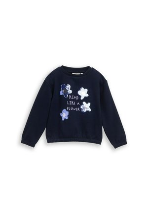 Dark blue long-sleeve sweatshirt with decorative blue and white sequined flowers and the words "Kind like a flower" on the front.