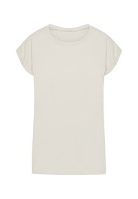 Short-sleeve, cream-colored t-shirt made of soft cotton. Features a round neckline and relaxed fit with rolled cuffs.