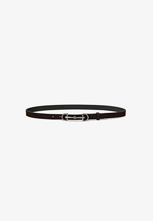 Dark brown leather belt with a smooth finish, featuring a silver metal buckle design and a single loop for adjustment.