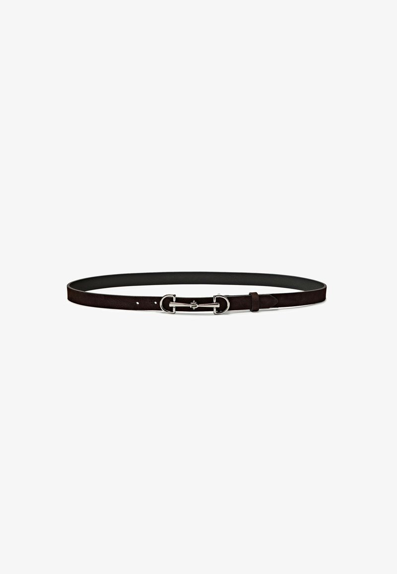 Dark brown leather belt with a smooth finish, featuring a silver metal buckle design and a single loop for adjustment.
