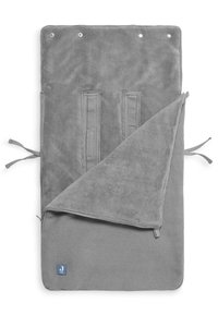 Gray changing mat with a textured surface and smooth underside; features attachment straps and ties; folds neatly for storage.