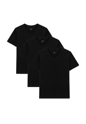 Set aus drei schwarzen V-Ausschnitt-T-Shirts aus Baumwolle. Kurzarm und normale Passform, mit einer glatten, gleichmäßigen Textur und ohne sichtbare Muster.