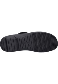 Schwarze Gummi-Außensohle mit strukturiertem Grip, ausgestattet mit horizontalen und vertikalen Rillen; mit "JOSEF SEIBEL" an der Seite gekennzeichnet.